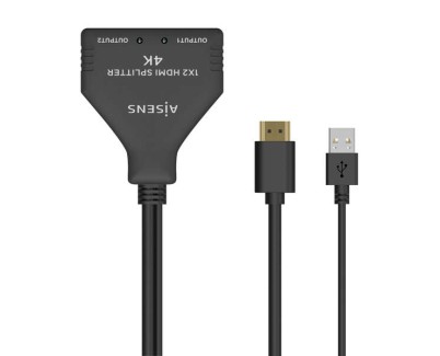 Aisens HDMI Duplicador 4K@30HZ 1&times;2 con Alimentaci&oacute;n USB y Cable - 30cm - Color Negro