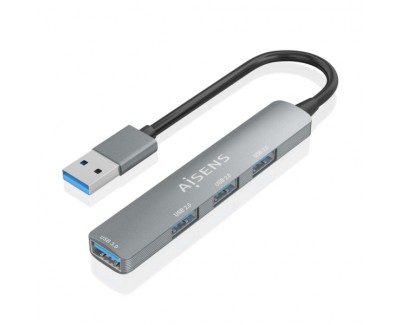 Aisens Hub USB Ultra Delgado de Aluminio - 1xUSB3.0 + 3xUSB2.0 - Alta Velocidad 5 Gbps - Alimentacion por Bus USB - Color Gris