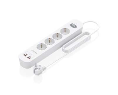 Aisens Regleta con 4 Tomas Schuko - 2xUSB-C - 2xUSB-A - Cable de 1.4m - Interruptor con Indicador LED - Power Delivery - Qualcomm 3.0 - Color Blanco
