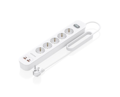 Aisens Regleta con 5 Tomas Schuko - 2xUSB-C - 2xUSB-A - Cable de 1.4m - Interruptor con Indicador LED - Power Delivery - Qualcomm 3.0 - Color Blanco