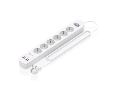 Aisens Regleta con 6 Tomas Schuko - 2xUSB-C - 2xUSB-A - Cable de 1.4m - Interruptor con Indicador LED - Power Delivery - Qualcomm 3.0 - Color Blanco