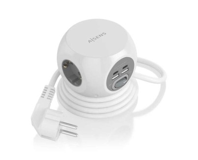 Aisens Regleta de Enchufes Sobremesa Multifuncion con 3 Tomas + 2xUSB-C - 2xUSB-A - 1.4m - Color Blanco