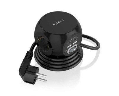 Aisens Regleta de Enchufes Sobremesa Multifuncion con 3 Tomas + 2xUSB-C - 2xUSB-A - 1.4m - Color Negro