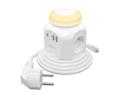 Aisens Regleta de Enchufes Sobremesa Multifuncion con 4 Tomas + 1xUSB-C 20W PD3.0 - 2xUSB-A 18W QC3.0 - Luz Nocturna - 1.8m - Color Blanco