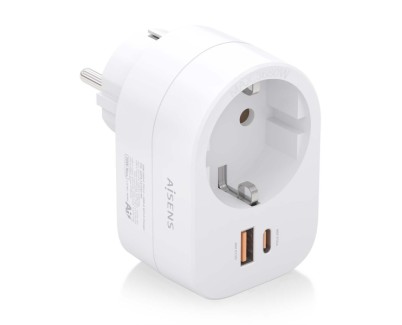 Aisens Regleta de Pared Multifuncion con 1 Toma + 1xUSB-C 20W PD3.0 - 1xUSB-A 20W QC3.0 - Color Blanco