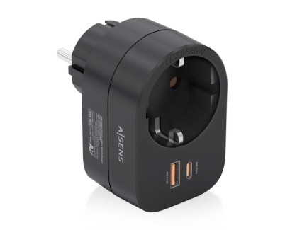Aisens Regleta de Pared Multifuncion con 1 Toma + 1xUSB-C 20W PD3.0 - 1xUSB-A 20W QC3.0 - Color Negro