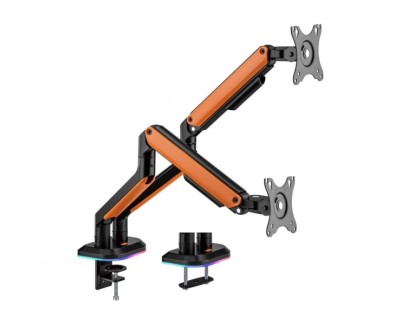 Aisens Soporte de Mesa Profesional Gaming RGB - Giratorio e Inclinable - Acero de Alta Resistencia - Iluminacion Ambiental - Compatible Vesa - Carga Maxima 9Kg - Sistema de Pasacables - Color Negro/Naranja