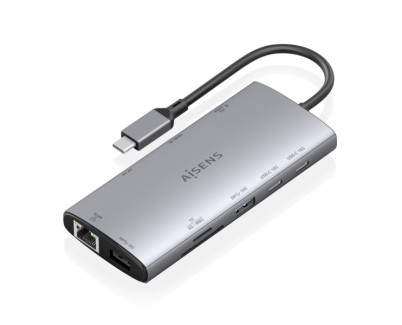 Aisens USB-C Dock 10 en 1 - USB-C a 1xHDMI - 1xDisplayport - 1xRJ45 - 1xUSB-A 5G - 2xUSB-C 10G - 1xUSB-C PD 100W - 1xSD - 1xMicroSD - 20cm - Color Gris