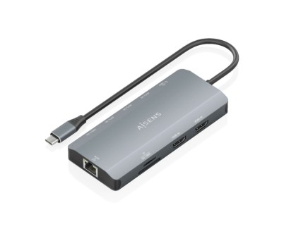 Aisens USB-C Dock 12 en 1 - USB-C a 2xHDMI - 1xRJ45 - 3xUSB-A - 1xUSB-C - 1xUSB-C PD 100W - 1xSD - 1xMicroSD - 20cm - Color Gris
