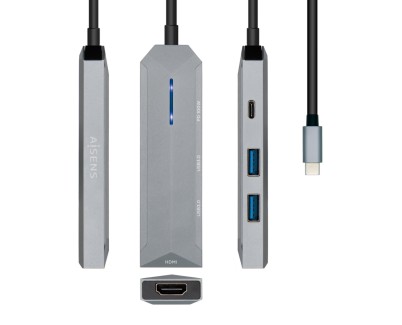 Aisens USB-C Dock 4 en 1 - USB-C a 1xHDMI - 2xUSB - 1xPD - 15cm - Color Gris