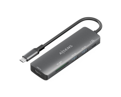Aisens USB-C Dock 6 en 1 - USB-C a 1xHDMI - 2xUSB-A - 1xUSB-C PD 100W - 1xSD - 1xMicroSD - 15cm - Color Gris