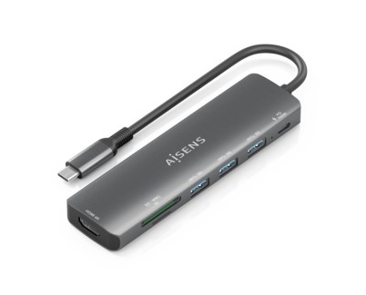 Aisens USB-C Dock 7 en 1 - USB-C a 1xHDMI - 3xUSB-A - 1xUSB-C 100W - 1xSD - 1xMicroSD - 15cm - Color Gris