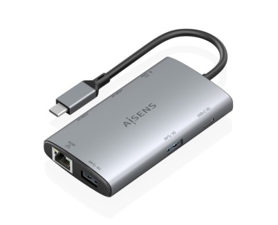 Aisens USB-C Dock 7 en 1 - USB-C a 2xHDMI 4K - 1xRJ45 - 2xUSB-A 3.0 - 1xUSB-C - 1xUSB-C PD 100W - 20cm - Color Gris