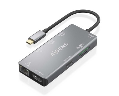 Aisens USB-C Dock 9 en 1 - USB-C a 2xHDMI - 1xRJ45 - 2xUSB-A USB3.0 - 1xUSB-A USB2.0 - 1xUSB-C PD - 1xSD - 1xMicro SD - 15cm - Color Gris
