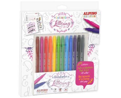 Alpino Color Experience Pack de 12 Rotuladores Dual Artist + Libro Guia de Iniciacion al Lettering - Doble punta (Fina 0,7mm y Pincel de 2,9mm) - Colores Surtidos