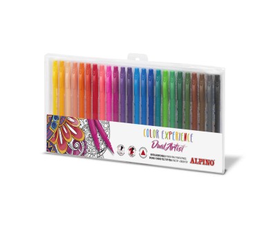 Alpino Color Experience Pack de 24 Rotuladores Doble Punta con Punta Pincel - Forma Triangular Ergonomica - Punta Fine Liner de 0.7mm y Punta Pincel de 2.9mm - Colores Surtidos
