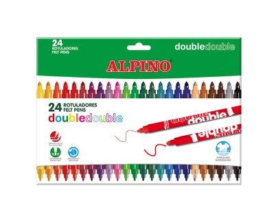 Alpino Double Double Pack con 24 Rotuladores Doble Punta - Punta Gruesa 3.6mm y Fina 2.3mm - Tinta Superlavable - Ideal para Trabajos Escolares y Dibujos - Colores Surtidos
