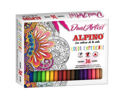 Alpino Dual Artist Color Experience Pack de 36 Rotuladores - Doble Punta (Fina de 0.7mm y Pincel de 2.9mm) - Forma Triangular Ergonomica - Colores Surtidos