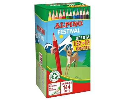 Alpino Festival Economy Pack de 144 Lapices Hexagonales de Colores - Mina de 3mm - Ideal para Colegios - Colores Surtidos