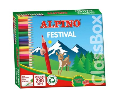 Alpino Festival Pack de 288 Lapices Hexagonales de Colores - Mina de 3mm - 12 Colores x 24 Uds - Ideal para Colegios - Colores Surtidos