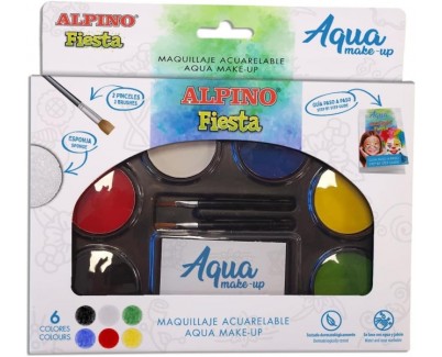 Alpino Fiesta Aqua Make-up Pack con Paleta de Maquillaje Acuarelable con 6 Colores + 2 Pinceles + Esponja y Guia de Uso - Se Lava con Agua y Jabon - Colores Surtidos