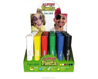 Alpino Fiesta Face Stick Expositor con 36 Barritas de Pintura Facial - Sistema Retractil Giratorio - Se Lava con Agua - Testado Dermatologicamente