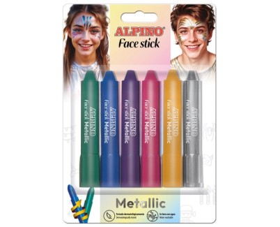 Alpino Fiesta Face Stick Metallic Pack con 6 Barritas de Pintura Facial - Sistema Retractil Giratorio - Se Lava con Agua - Testado Dermatologicamente - Colores Surtidos Metalicos