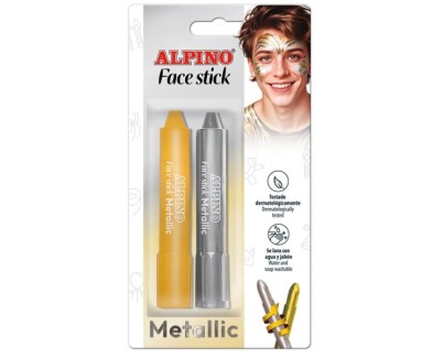Alpino Fiesta Face Stick Pack con 2 Barritas de Pintura Facial - Sistema Retractil Giratorio - Se Lava con Agua - Testado Dermatologicamente - Color Plata y Oro