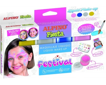 Alpino Fiesta Festival Pack de 4 Botes de Maquillaje Liquido de Diferentes Colores + Pincel + Guia de Ideas - Se Lava con Agua - Testado Dermatologicamente