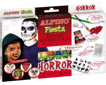 Alpino Fiesta Horror Pack de Maquillaje con 6 Barritas de Pintura Facial + Pincel + Tatuajes en Calcomania + Lapiz Perfilador y 2 Sobres de Purpurina - Se Lava con Agua - Testado Dermatologicamente