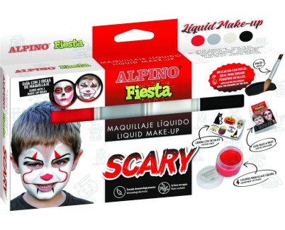 Alpino Fiesta Scary Pack de 4 Botes de Maquillaje Liquido de Diferentes Colores + Pincel + Guia de Ideas - Se Lava con Agua - Testado Dermatologicamente