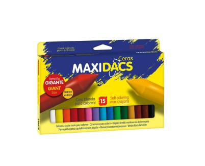 Alpino Maxidacs Pack de 15 Ceras Blandas para Ni&ntilde;os - Tama&ntilde;o Extra Grande 120mm x 14mm - Etiqueta Anti-Manchas - Ideal para Grandes Artistas - Colores Surtidos
