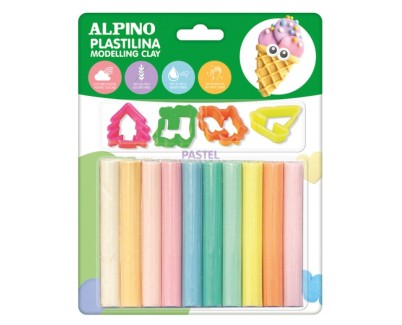 Alpino Pack con 10 Barras de Plastilina 17gr + 4 Moldes - Muy Flexible - Pueden Mezclarse - Sin Gluten - Colores Pastel Surtidos