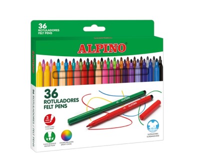 Alpino Pack con 36 Rotuladores de Colores - Punta de 3mm - Superlavables y Brillantes - Uso Escolar - Desarrolla la Creatividad - Colores Surtidos