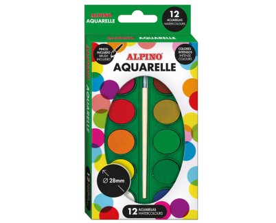 Alpino Pack de 12 Acuarelas - 28mm Diametro - Colores Intensos - Incluye Pincel - Colores Surtidos