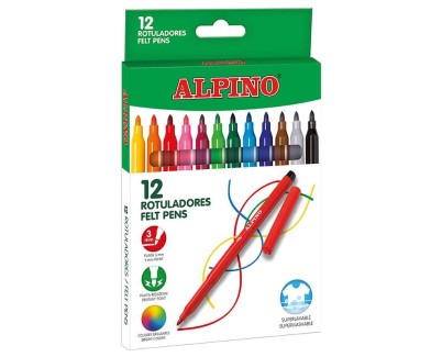 Alpino Pack de 12 Rotuladores Escolares - Punta Fina de 3mm - Superlavables y Brillantes - Ideal para Creatividad y Manualidades - Colores Surtidos