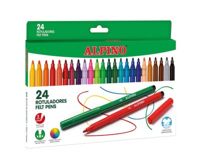 Alpino Pack de 24 Rotuladores Escolares - Punta Fina de 3mm - Superlavables y Brillantes - Desarrolla la Creatividad - Colores Surtidos
