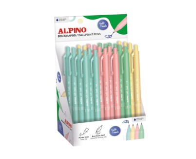 Alpino Soft Touch Pastel Expositor con 24 Boligrafos Retractiles - Punta 1mm - Tacto Suave - Tinta Azul - Colores Pastel Surtidos