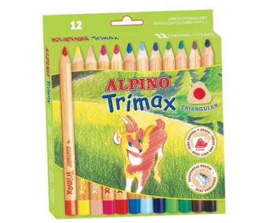 Alpino Trimax Pack de 12 Lapices de Colores Triangulares Gruesos + Sacapuntas - Mina de 5.4mm - Resistente al Agua - Bandeja Extraible - Colores Surtidos
