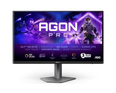 AOC AGON PRO AG276QZD2 Monitor 26.7\" QD-OLED QHD 240Hz HDR400 - Respuesta 0.03ms - Altavoces 10W - Ajustable en Altura, Inclinacion y Rotacion - HDMI, DisplayPort, USB - VESA 100x100mm - Color Negro