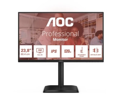 AOC Monitor 23.8\" LED IPS FullHD 120Hz - Respuesta 4ms - Ajustable en Altura, Giratorio e Inclinable  - Altavoces 4W - USB, HDMI, DisplayPort, VGA, Audio - VESA 100x100