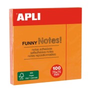 Apli Bloc de 100 Notas Adhesivas Funny 75x75mm - Adhesivo de Calidad - Color Naranja Fluorescente
