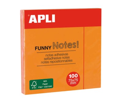 Apli Bloc de 100 Notas Adhesivas Funny 75x75mm - Adhesivo de Calidad - Color Naranja Fluorescente