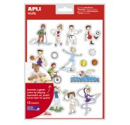Apli Bolsa de Gomets Tematicos Deportes - 204 Gomets en 12 Hojas - Ilustraciones Divertidas para Enriquecer Vocabulario y Habilidades Motoras - Adhesivo Removible - Adhesivo Base Agua - Libre de Disolventes - Colorido