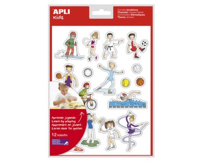 Apli Bolsa de Gomets Tematicos Deportes - 204 Gomets en 12 Hojas - Ilustraciones Divertidas para Enriquecer Vocabulario y Habilidades Motoras - Adhesivo Removible - Adhesivo Base Agua - Libre de Disolventes - Colorido