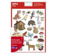 Apli Bolsa de Gomets Tematicos el Bosque - 276 Gomets en 12 Hojas - Adhesivo Removible - Ideal para Escuelas - Libre de Disolventes - Reciclable - Tematica de Animales y Objetos del Bosque Colorido