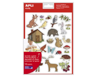 Apli Bolsa de Gomets Tematicos el Bosque - 276 Gomets en 12 Hojas - Adhesivo Removible - Ideal para Escuelas - Libre de Disolventes - Reciclable - Tematica de Animales y Objetos del Bosque Colorido