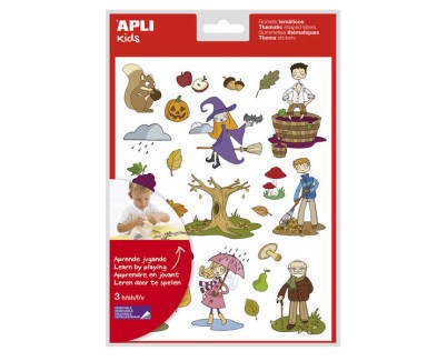 Apli Bolsa de Gomets Tematicos el Otoño - 72 Gomets en 3 Hojas - Adhesivo Removible - Ilustraciones Educativas - Adhesivo Base Agua - Libre de Disolventes - Coloridos