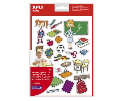 Apli Bolsa de Gomets Tematicos la Escuela - 78 Gomets en 3 Hojas - Adhesivo Removible - Ilustraciones Educativas - Adhesivo Base Agua - Libre de Disolventes - Colorido