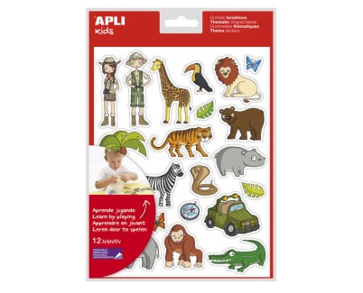 Apli Bolsa de Gomets Tematicos la Selva - 252 Gomets en 12 Hojas - Adhesivo Removible - Ideal para Escuelas - Cumple Normas EN-71 y FSC - Libre de Disolventes - Reciclable - Divertidas Ilustraciones - Colorido